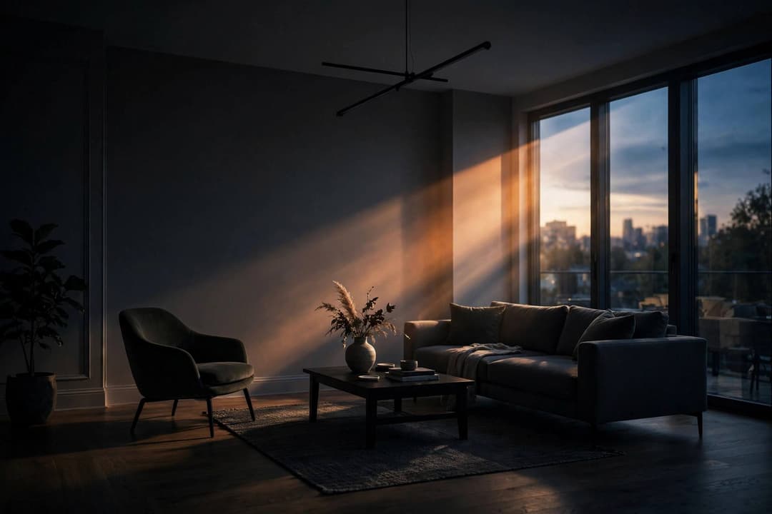 A freshly painted living room at dusk